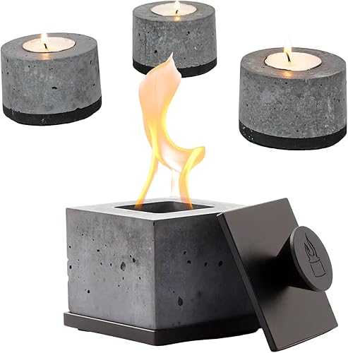 FLIKR Chimenea personal de hormigón (negro) + paquete de 3 velas de té, hoguera de mesa sin humo con tapa de apagador para hoguera, segura para uso