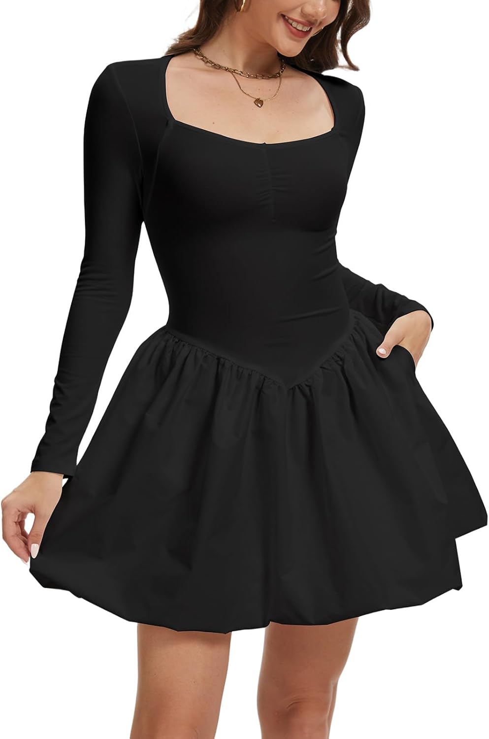 CAPE CLIQUE Long Sleeve Mini Dress for Women Sweetheart Neck Casual Bubble Dress A Line Drop Waist Short Dress with Pockets - Image 7