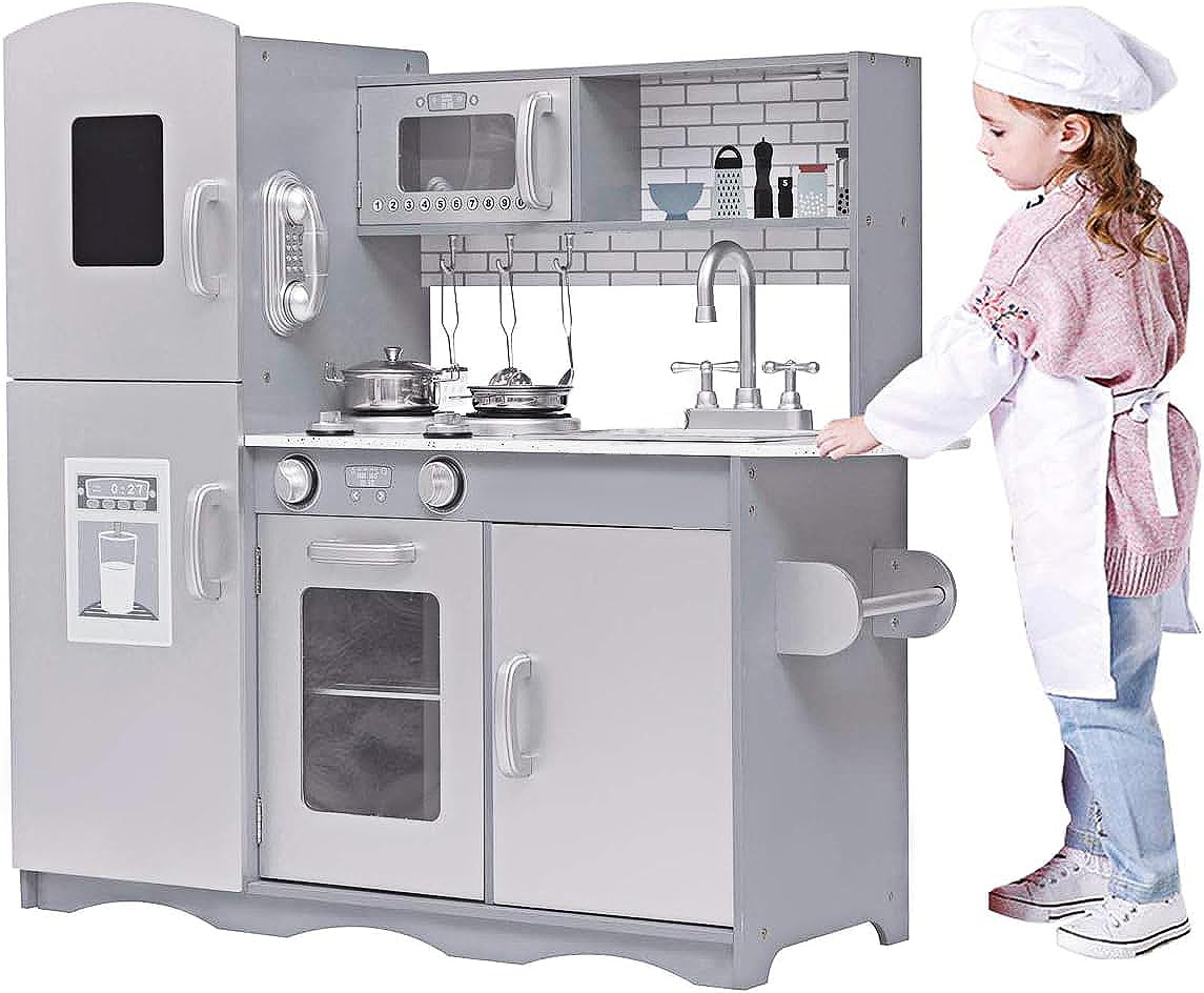 GALACTICA Wooden Pretend Play Kitchen Set for Kids – Includes Cooking Utensils & Toys for Boys & Girls – Fun Role Play Game, Gift Idea for Toddlers & Children, Grey (WW-PK-04)