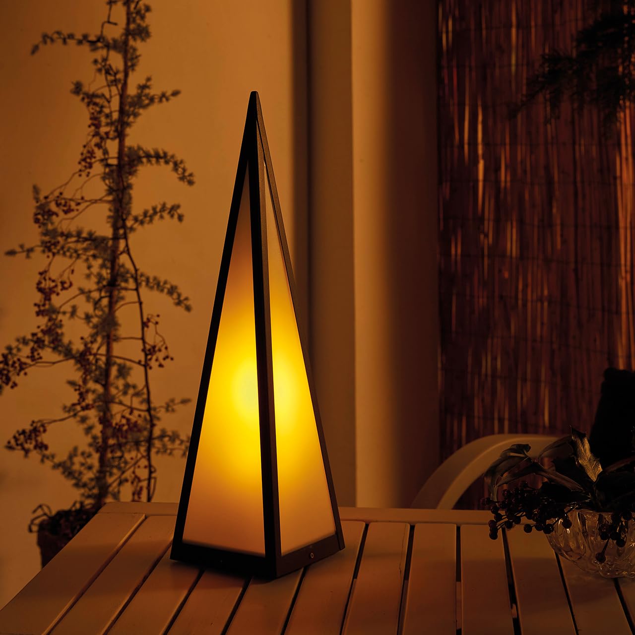 Mysmartbuy.com Black Battery Powered Pyramid Lantern Lamp – 10 Lumen Weatherproof Metal Freestanding Indoor Outdoor Home Garden Led Light For Table, Patio, Decking, Pathway, Balcony, Yard – H45 X 12Cm Diameter