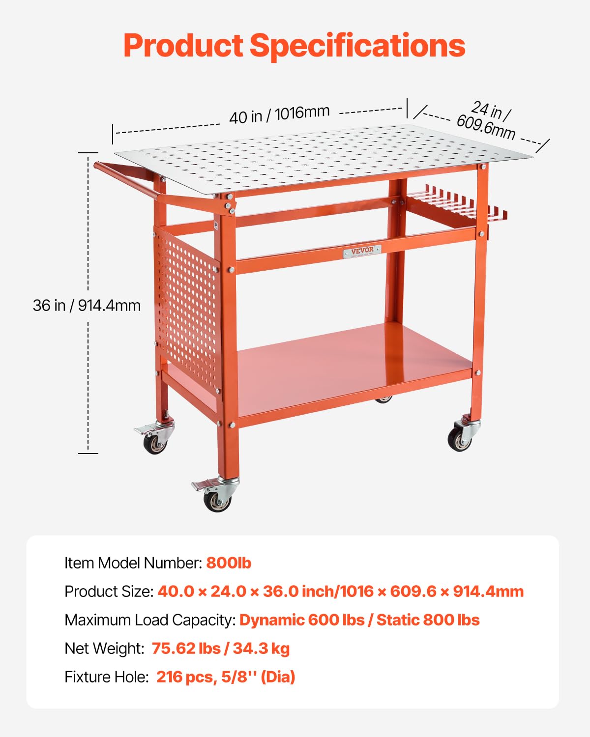 VEVOR Mesa de Soldadura con Capacidad Peso Estático de 362,8 kg, Banco de Trabajo de Acero Móvil con 4 Ruedas(2 con Freno), Tablero de Almacenamiento de Doble Capa y Orificios, 1016 x 609,6 x 914,4 mm