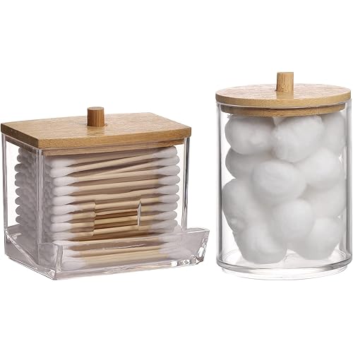 Tbestmax Qtips Holder Bathroom Container with Wood Lids, 10 OZ, 7 OZ Cotton Ball/Swabs Dispenser, Apothecary Organizer Jar for Storage 2 Pcs