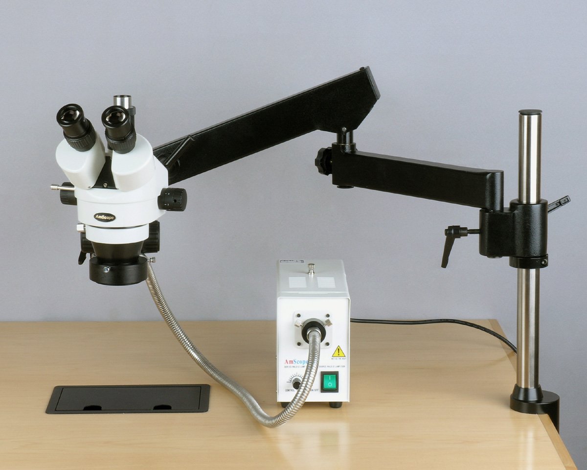 AmScope SM-8TZZ-FOR-M Digital Professional Trinocular Stereo Zoom Microscope, WH10x and WH20x Eyepieces, 3.5X-180X Magnification, 0.7X-4.5X Zoom Objective, Fiber-Optic Ring Light, Articulating-Arm Boom Stand, 110V-240V, Includes 0.5x and 2.0x Barlow Lenses and 1.3MP Camera with Reduction Lens and Software