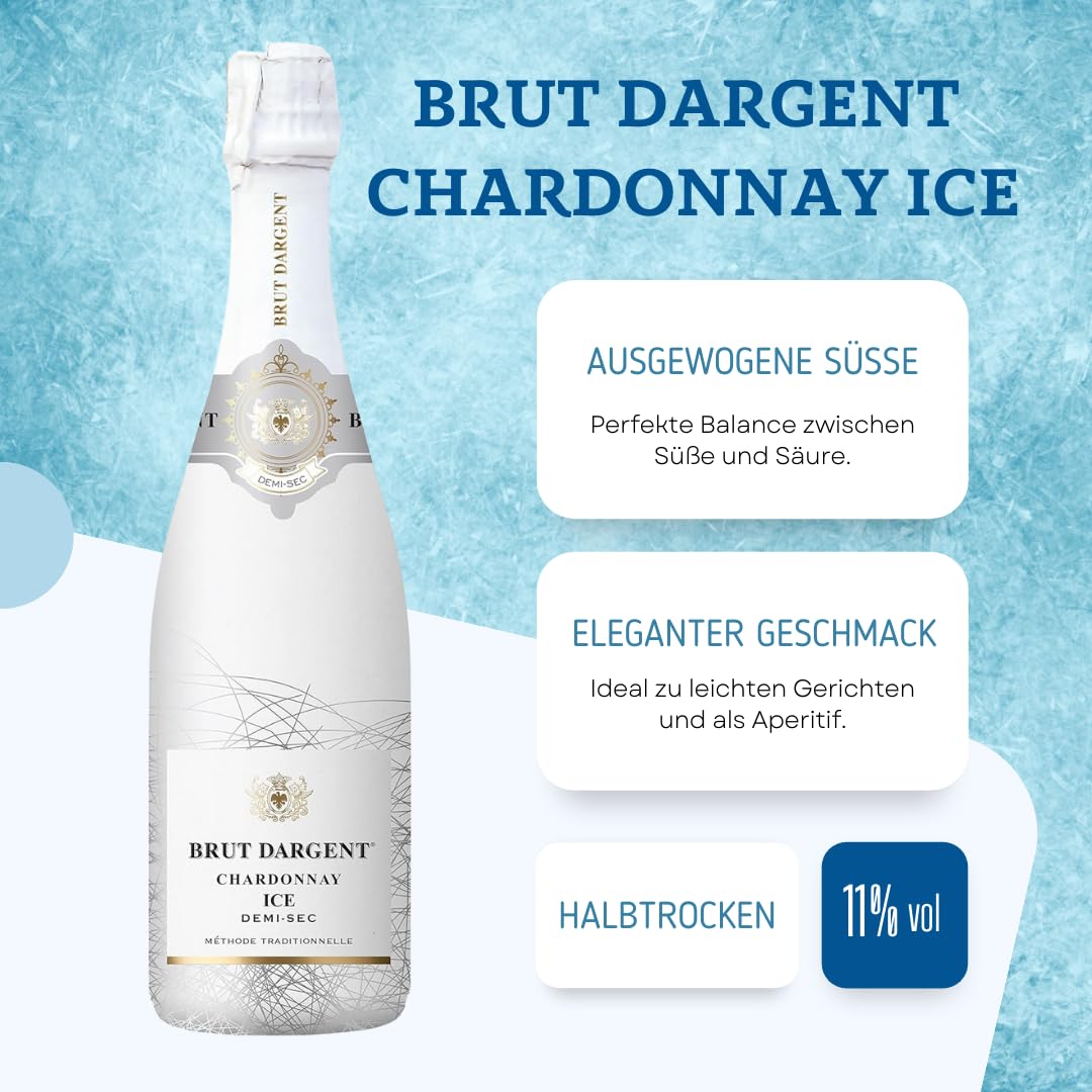 Brut Dargent Ice Chardonnay | 10 Flaschen + 2 limitierte Acryl Gläser gratis | Exquisite Schaumwein-Selektion | Perfekt für Feierlichkeiten | 750ml pro Flasche | Luxus Genusspaket