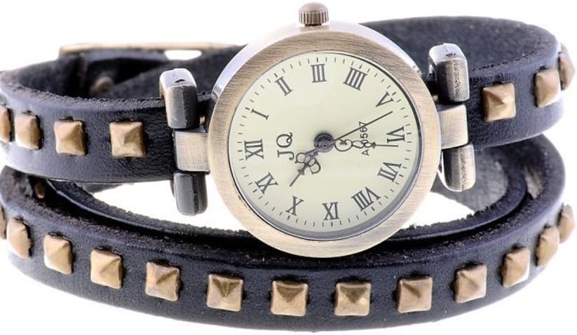 Fashion Rivet Weave Wrap Around Leather Retro Bracelet Woman Wrist Watch Gift / Roma Watch Header black