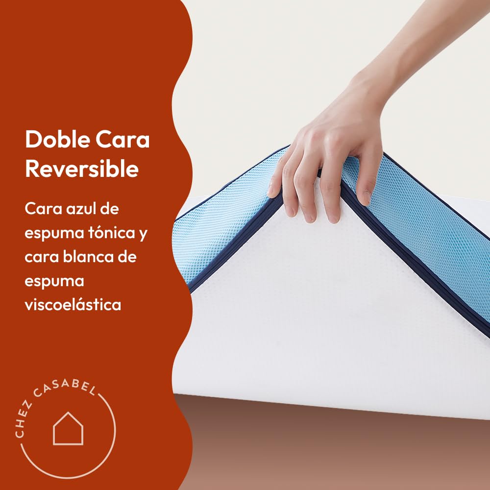 CASABEL Topper de Espuma viscoelástica 7cm, 140x190cm, con Funda | Confort suave o firme, doble cara con funda transpirable 100% algodón ultrasuave, hipoalergénico, 2 plazas