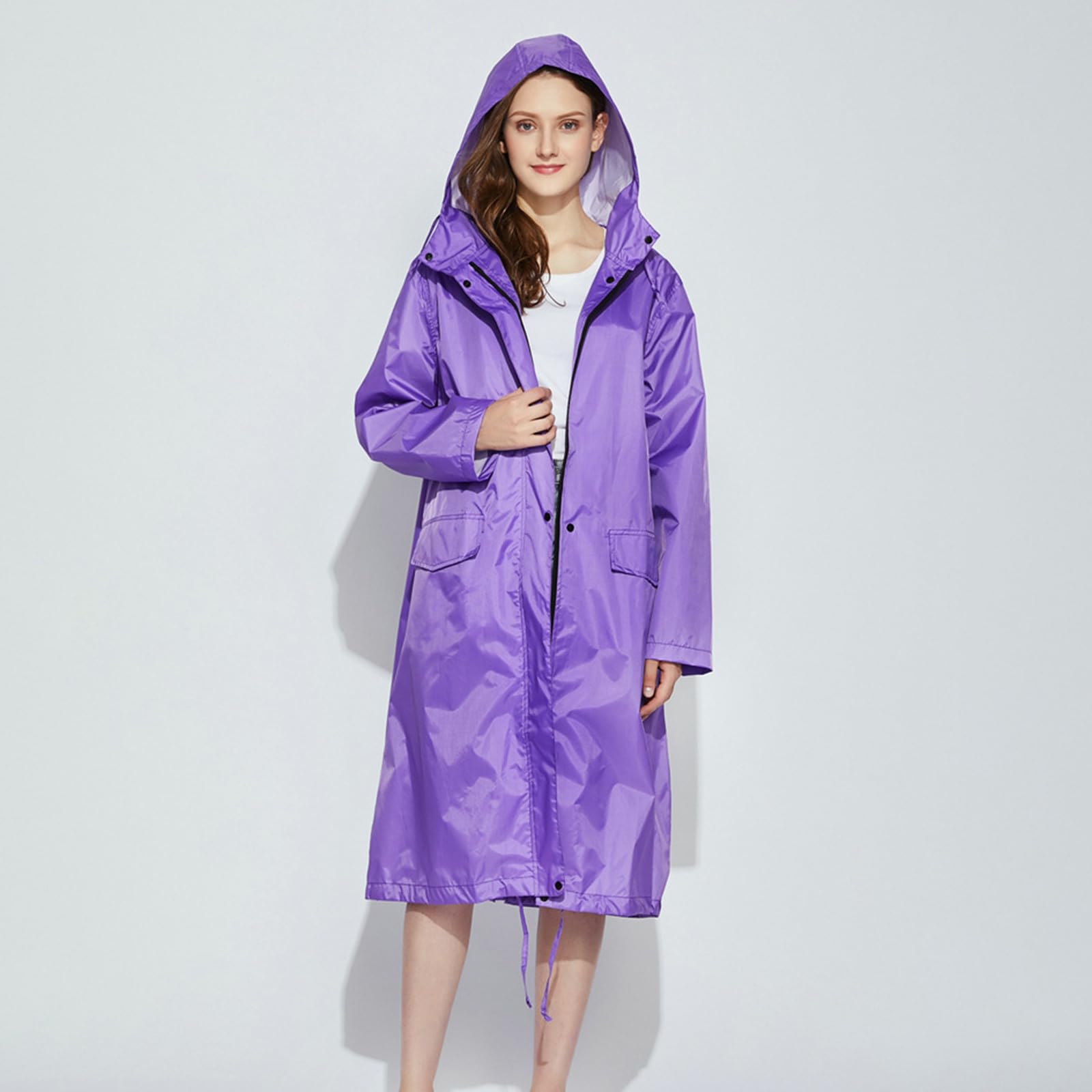 Generisch Giacca casual impermeabile da donna leggera lunga con cappuccio trench PU giacca a vento alla moda per esterni impermeabile intera lunghezza