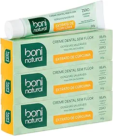 Creme Dental Boni Natural com Óleo de Hortelã e Extrato de Cúrcuma, Vegano, Sem Flúor, 90g, 3 unidades