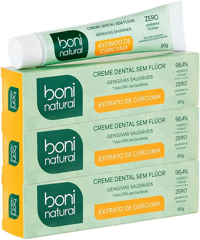 Creme Dental com Óleo Natural de Hortelã e Extrato de Cúrcuma, Vegano e Natural, Ação Anti-inflamatória, Sem Flúor, Sem Parabenos, Sem Triclosan, Amarelo, Boni Natural, 90g, 3 unidades Leve Mais Pague Menos