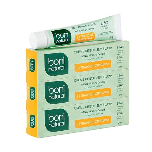 Creme Dental Boni Natural com Óleo de Hortelã e Extrato de Cúrcuma, Vegano, Sem Flúor, 90g, 3 unidades