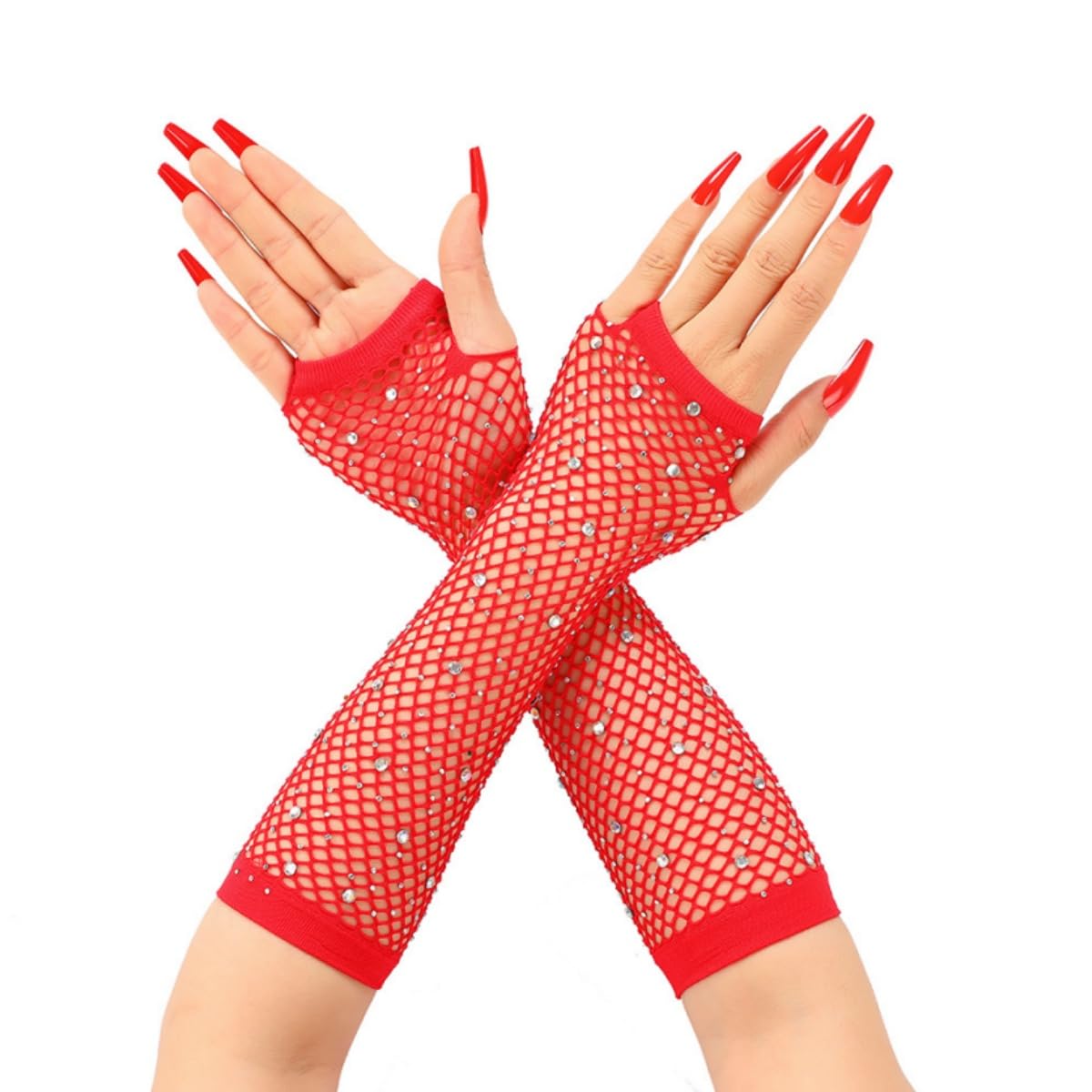Ruichy Women's Red Rhinestones Fishnet Gloves, 1 Pair Mesh Fingerless Fish Net Sparkly Glitter Gloves, Stretchy Elbow Length Neon Mitten For 80S Party Cosplay, Arm Sleeves Bridal Glove For Wedding Halloween Nightclub