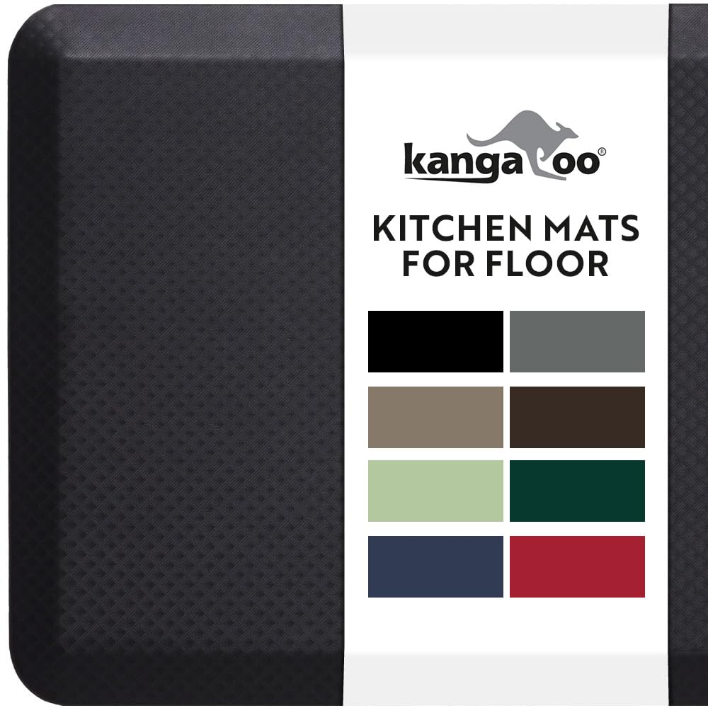 KANGAROO Thick Ergonomic Anti Fatigue Mats for Kitchen Floor, 70x24 Runner, Cushioned Standing Office Desk Mat, Waterproof Scratch Resistant Topside, Supportive All Day Comfort Padded Foam Rugs, Black