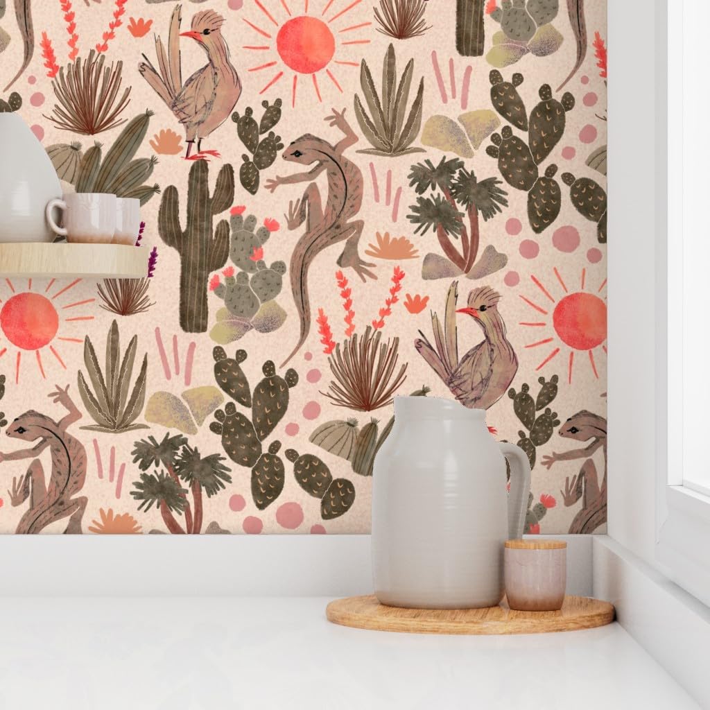 Peel & Stick Wallpaper 3ft x 2ft - Desert Earth Tones Sun Lizards Cactus Garden Southwestern Custom Removable Wallpaper by Spoonflower