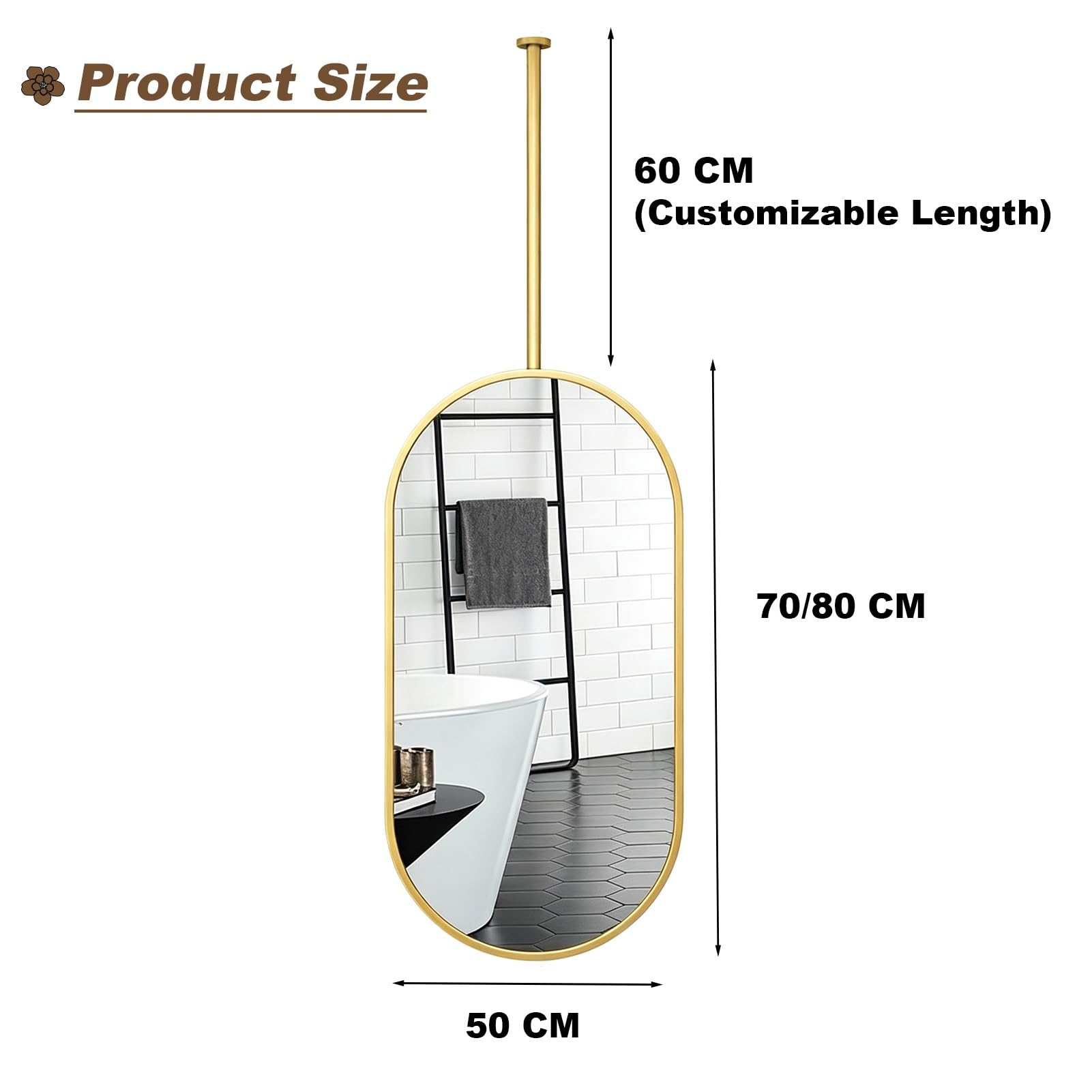 Grande Specchio Da Parete Per Bancone Del Bagno | Set Di Specchi Sospesi A Soffitto Ovale, Specchio Cosmetico Sospeso Con Cornice Dorata Per Camera Da Letto, Hotel(50cmx80cm)