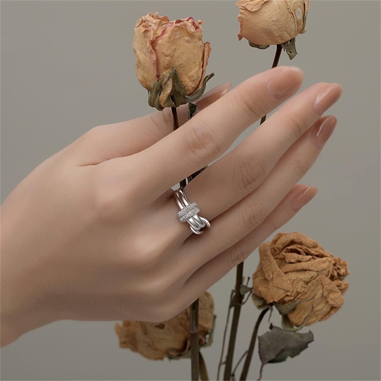 Feng Shui， 925 Sterling dwuwarstwowy Flash diamentowy wiązany pierścionek Retro Eternity węzeł celtycki obrączka regulowane pierścionki biżuteria prezenty dla kobiet