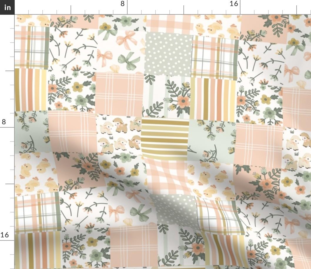 Spoonflower Fabric - Flowers Cheater Quilt Nursery Stripes Lambs Baby Chicks Pink Peach Printed on Petal Cotton Fabric Fat Quarter - Sewing Quilting Apparel Crafts Decor