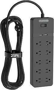 Flat Plug Extension Cord 25 Ft with 10 Outlets and USB