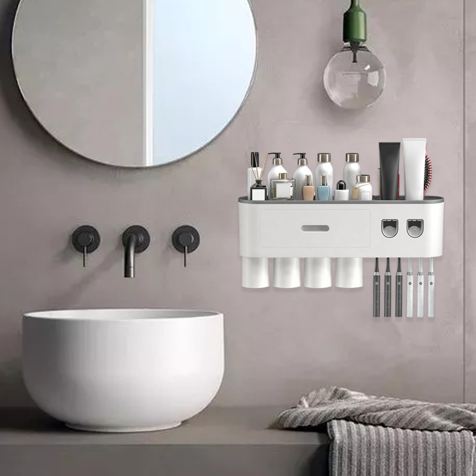 Dispensador automático de pasta de dientes con 4 tazas, soporte para cepillo de dientes montado en la pared, sin taladro, estante organizador de baño, ABS duradero, solución de almacenamiento gris
