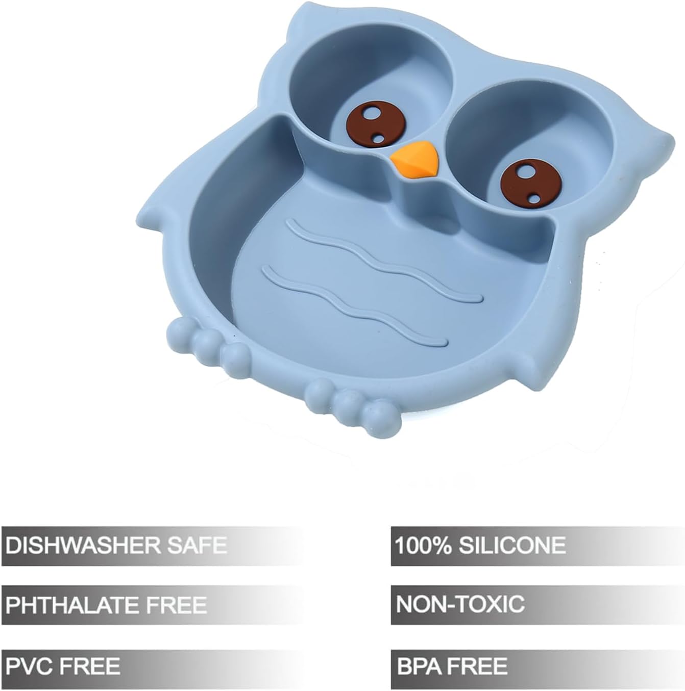 PandaEar Toddler Suction Plates, Stay Put Divided Baby Plates, Owl Shape BPA-Free 100% Food-Grade Silicone Unbreakable Baby Plate, Baby Feeding Supplies (Blue)