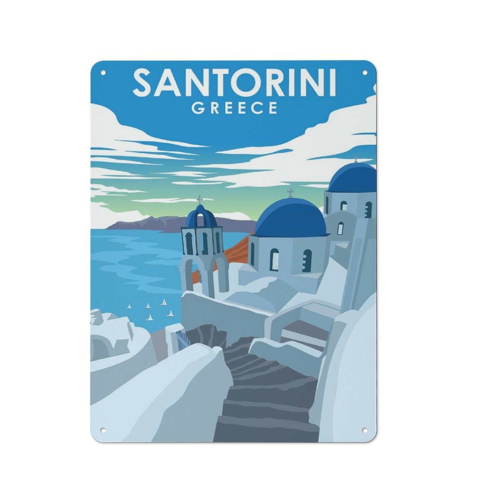 Vintage Santorini Greece Travel(2) Metal Plaque 40x30cm, Diner Style Decor for Bakery, Diner, Cafe Or Family Room
