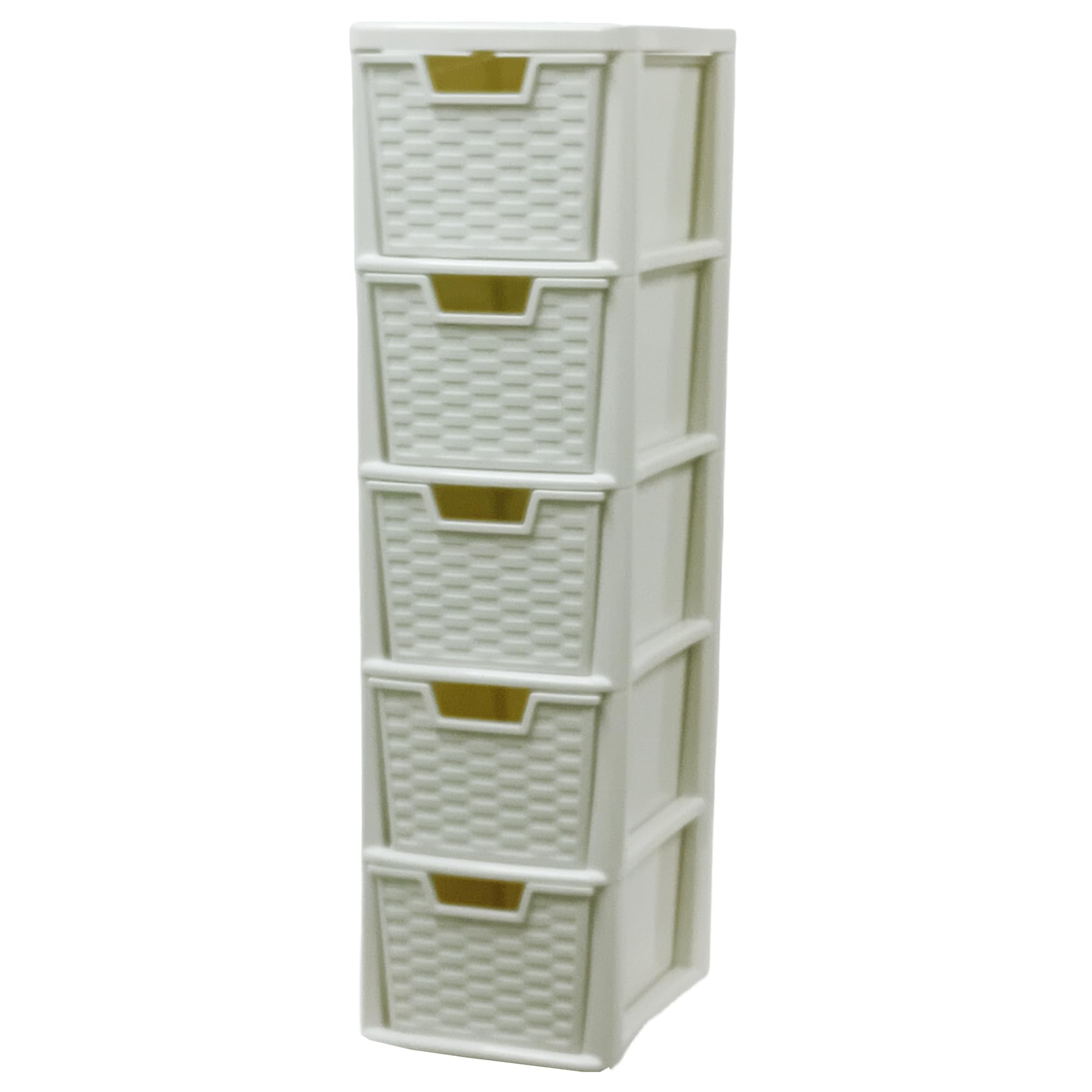 KYY'Z Rattan Effect Drawer Plastic Storage Organizer- Multipurpose Storage Drawer Unit Home Kitchen Office School Garage Bedroom Bathroom Stationery Toys 25Dx19Wx 78Hcm (Cream, 5 Tier)