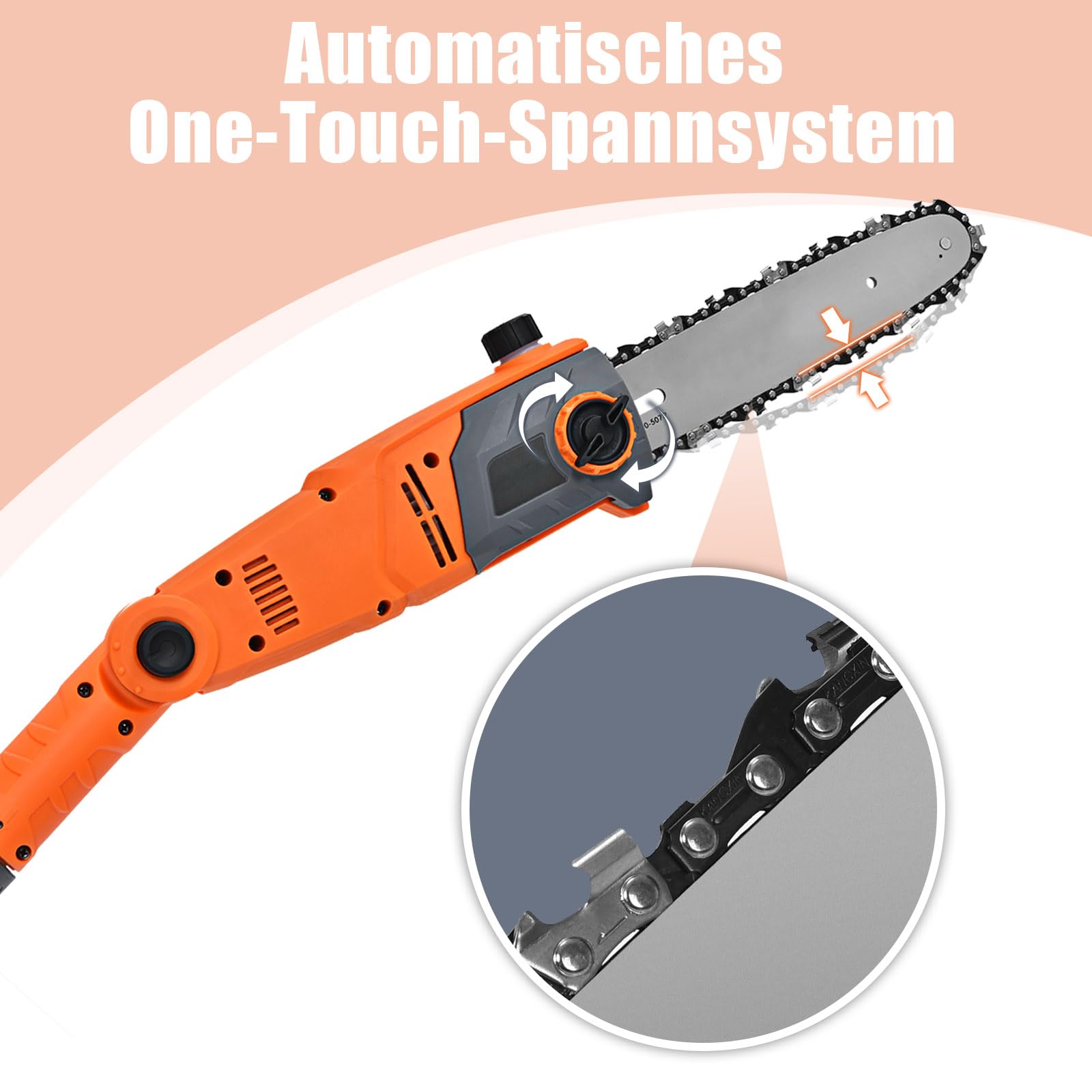 SOARS Hochentaster elektrisch 750W, Teleskop Astsäge mit 20 cm Schwertlänge, 60° Neigung Motorkopf, Kettensäge bis ca 4 m Arbeitshöhe, 11m/s Schnittgeschwindigkeit