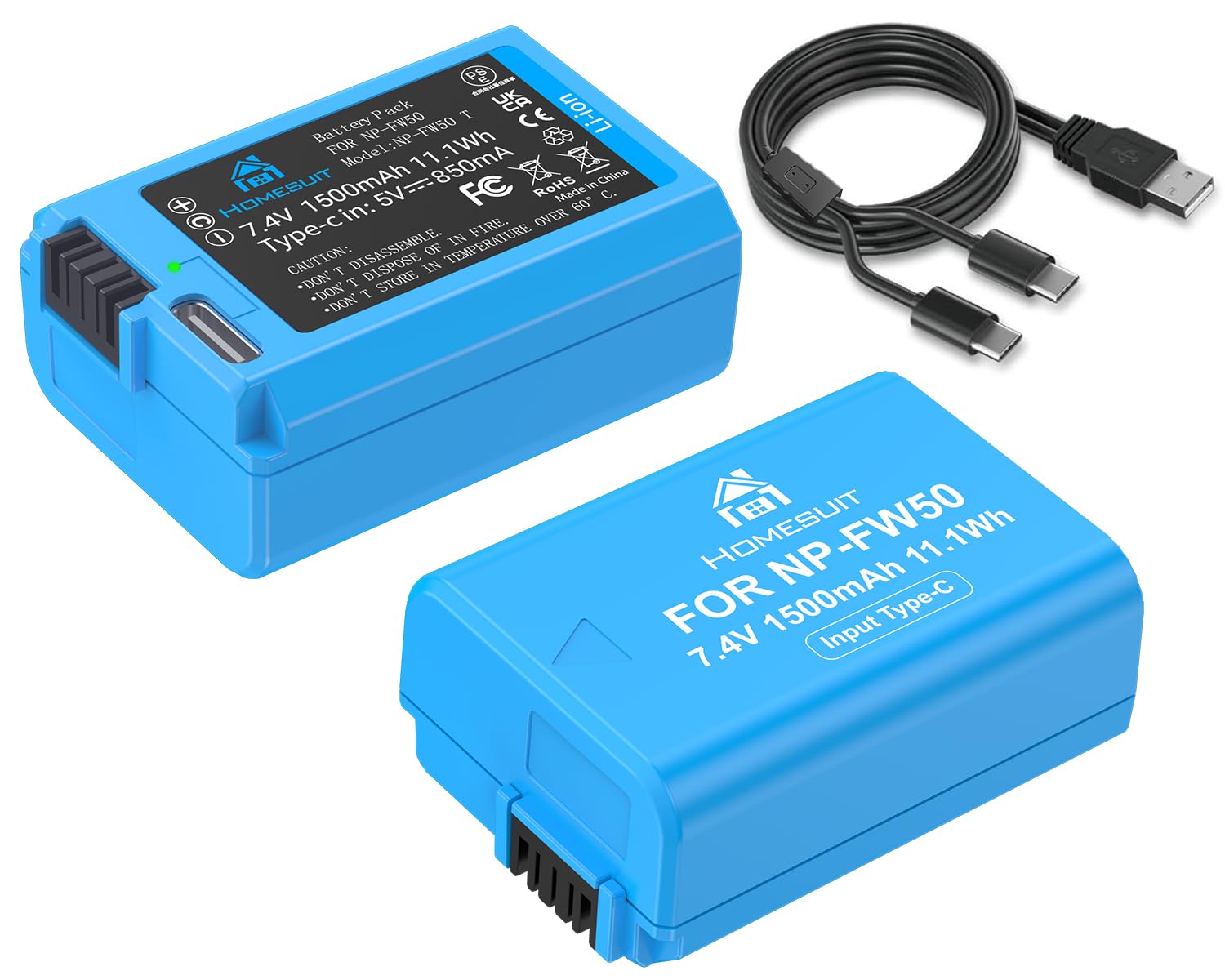 Homesuit NP-FW50 Akku 1500mAh & 2-in-1 Typ-C Ladekabel für Sony A6500 A6400 A6300 A6000 A5000 A5100 zv-e10 A7 A7II A7R A7RII A7SII A7S A7R A7R2 A55 RX10 RX10II NEX-3/5/7 Kamera (2er-Pack)