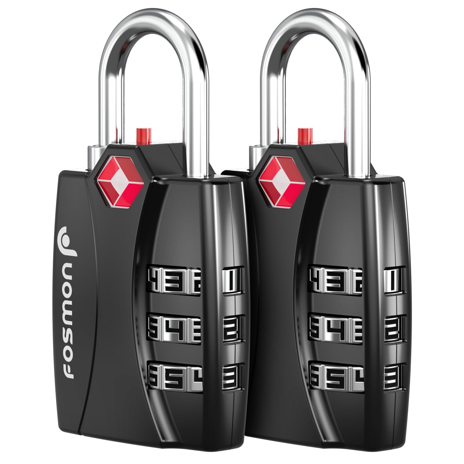 Two black Fosmon TSA combination locks, one open and one closed, held in a hand.