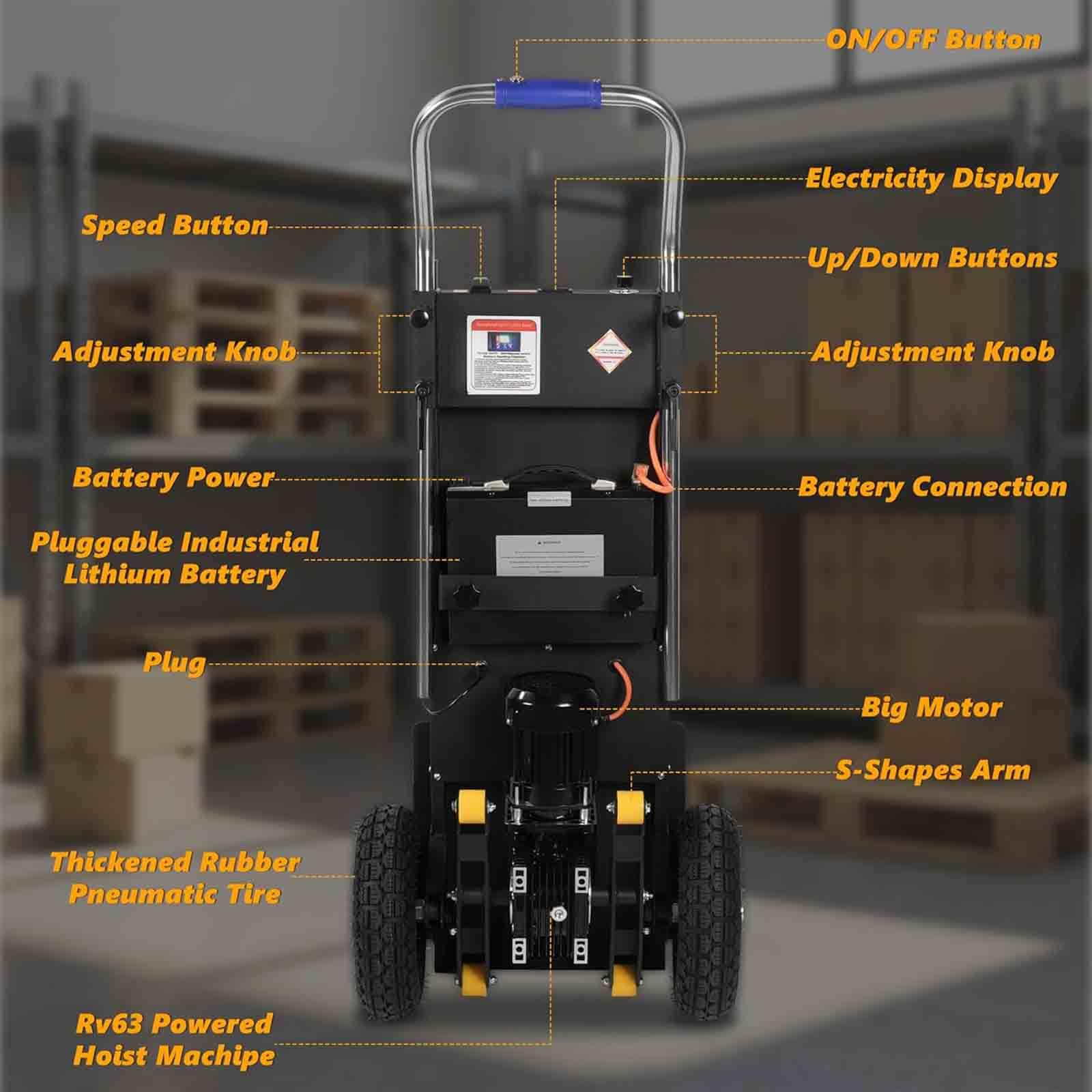Carrello Elettrico da 1200 W, Batteria Rimovibile, Salire Le Scale Pesanti con Corda di Sicurezza e Pompa ad Aria per Il Trasporto di mobili, Facile da Usare e Portatile,001