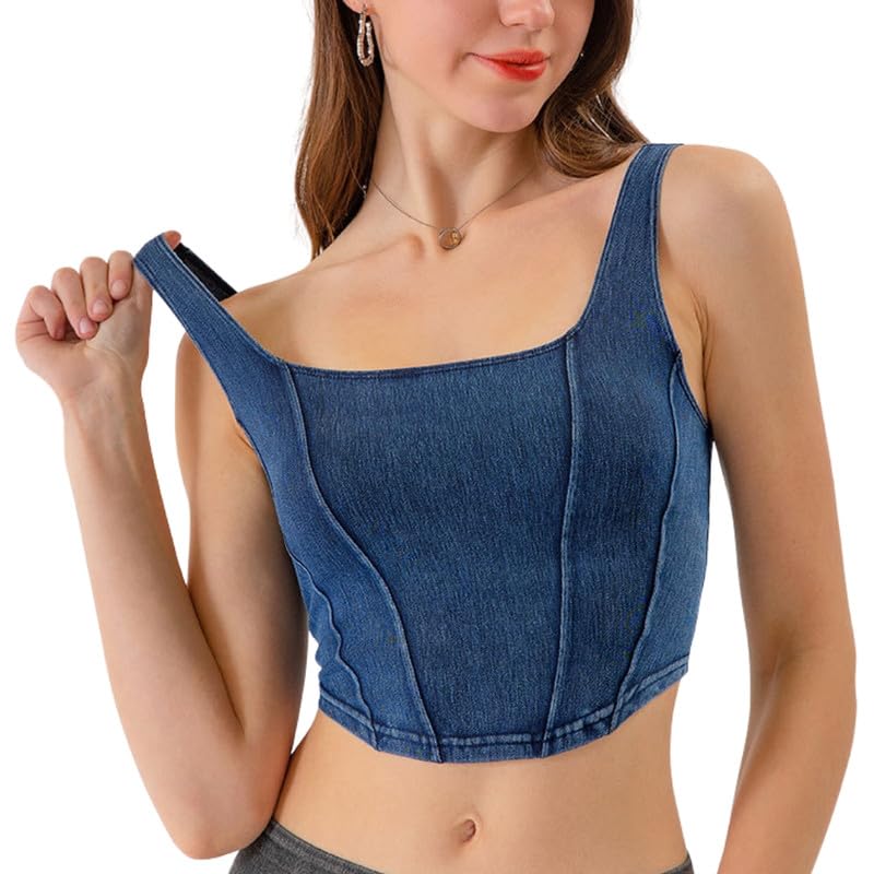 Women’s Denim-Style Yoga Sports Vest | U-Shape Elastic Quick-Dry Fitness Top for Outer Wear | Dark Blue | XL-image-32