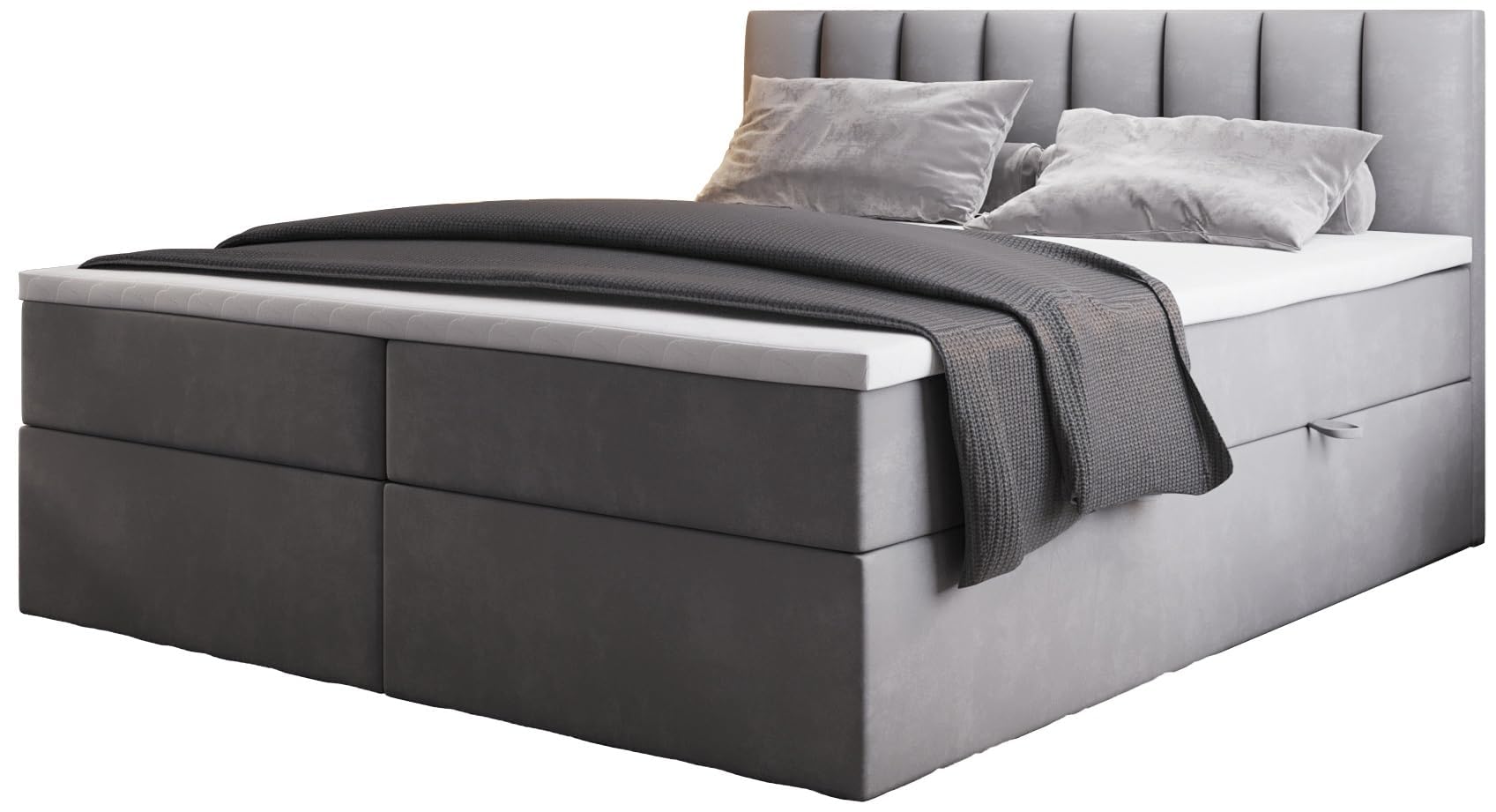TRADA Boxspringbett mit Bettkästen und Bonell Matratze H3 - Elegant Bett Palermo mit Matratze und Topper - Grau - 200 x 200 cm