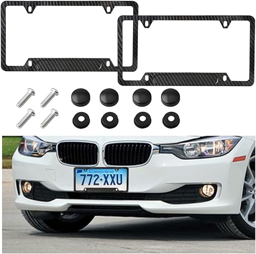 AICEL Marco de matrícula de fibra de carbono, paquete de 2 cubiertas universales de acero inoxidable de EE. UU., soporte de soporte para placa de