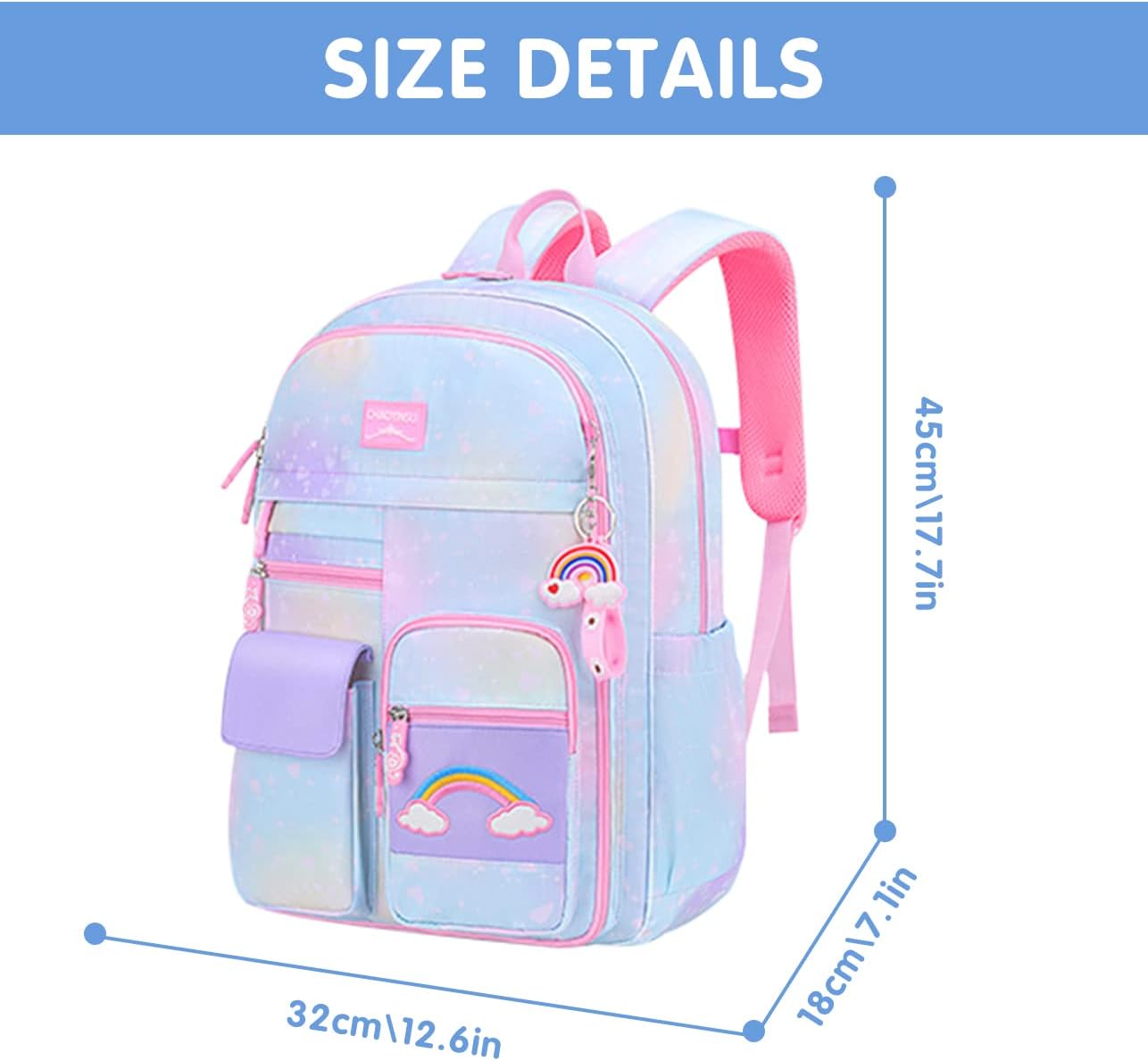 MCWTH School Backpack for Girls, Lightweight Waterproof Cute Rainbow School Bookbag for Teen Kids Students Elementary (Rainbow Blue)
