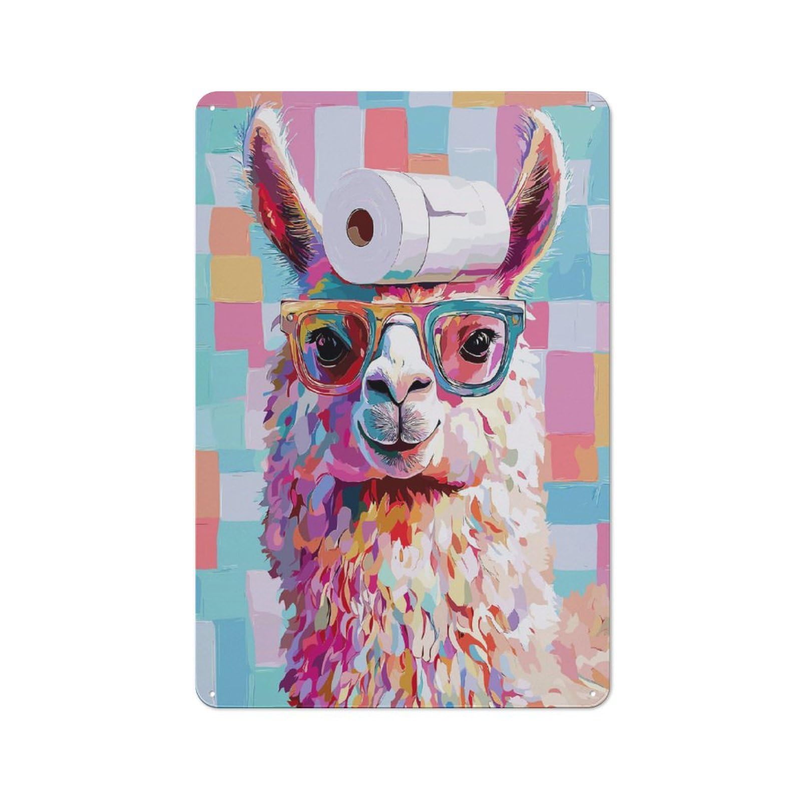 Junmoney Colorful Llama With Toilet Paper Hat Rustic Metal Wall Sign 30X20cm Featuring For Pub Or Café, For Vintage Wall Decor Fans, For Metal Sign Collectors