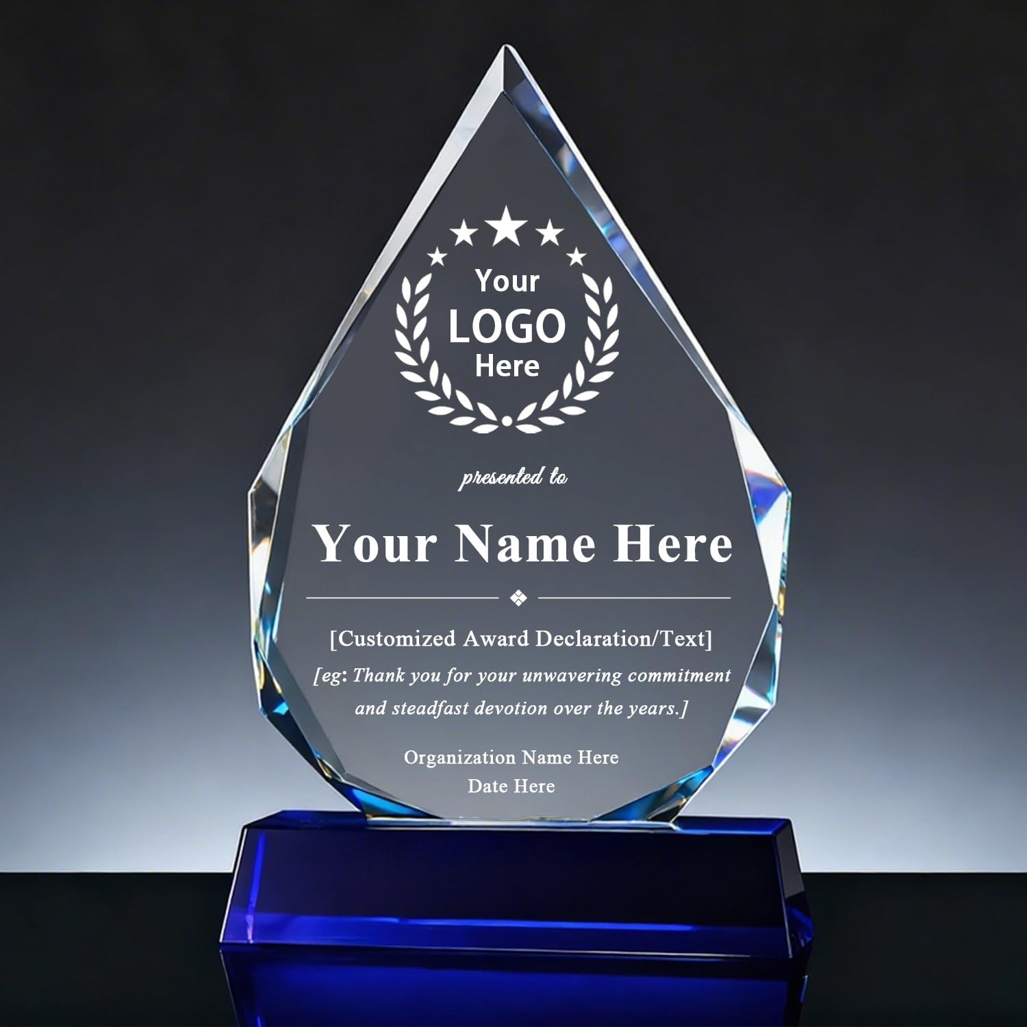 Custom K9 Crystal Trophy with Blue Base - Personalized Engraved Plaque with Logo/Text, Employee of the Month Award, Retirement Gift for Manager, Boss, Coworker