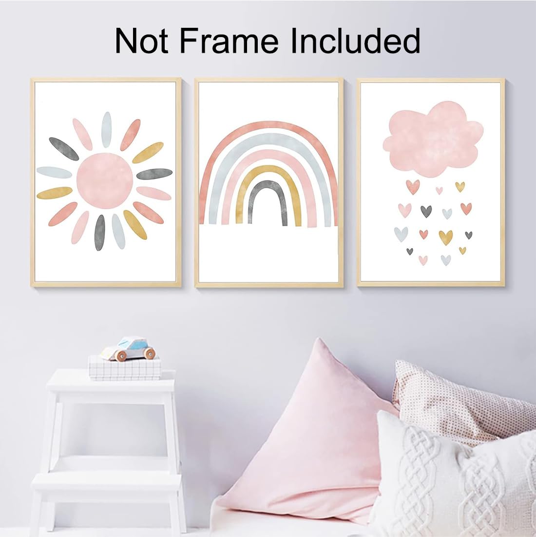 Set di 3 Quadri Tela 21x30cm, Poster Arcobaleno Nuvole Sole per Cameretta dei Bambini, Stampe Senza Cornice Stile Boho per Decorazione Parete