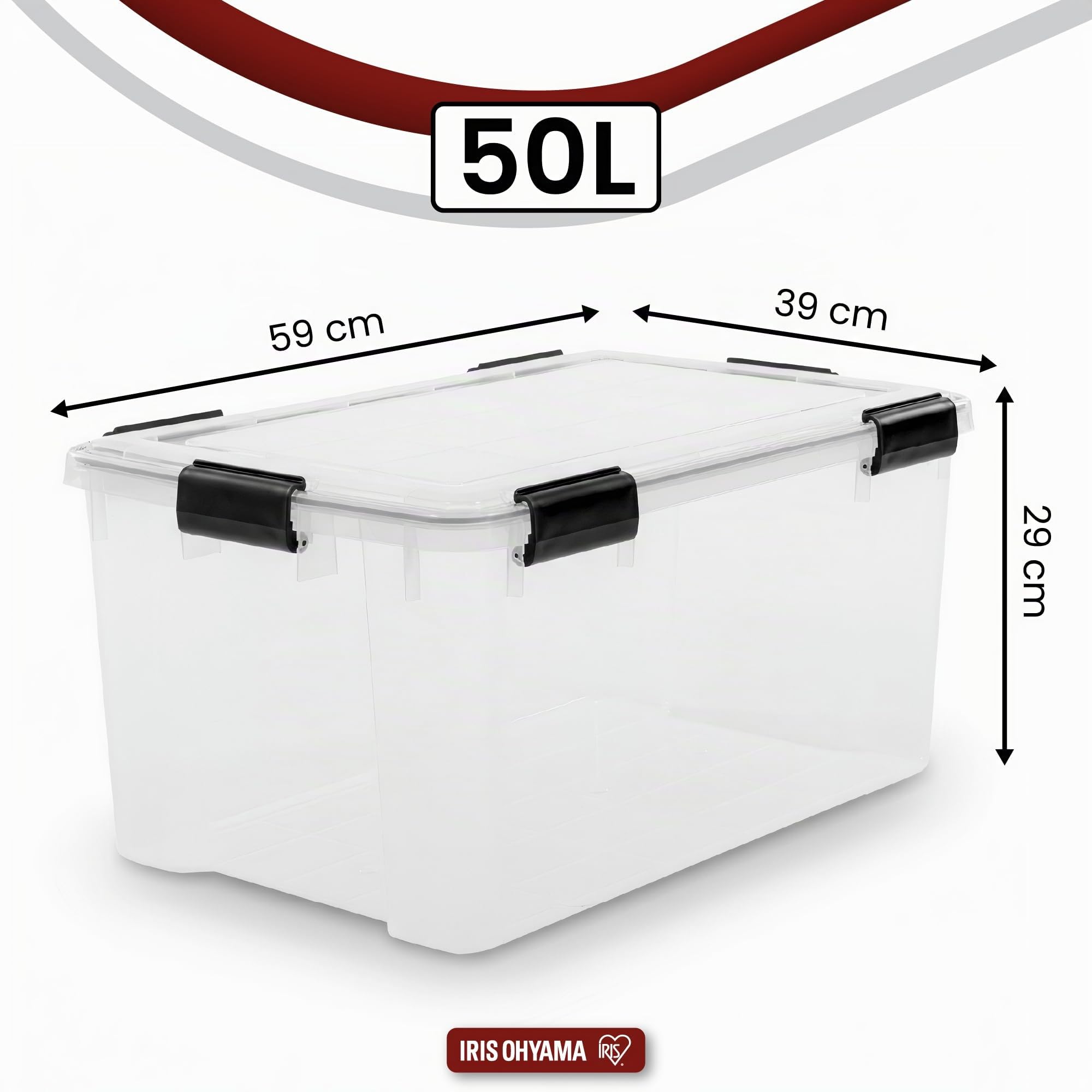 Iris Ohyama, Scatole Portaoggetti Ermetiche in Plastica, 50L, Set di 2, Trasparente, Coperchio Impermeabile, con Chiusura, Impilabile, Per Esterni, Garage, Vestiti, Antipolvere, Senza BPA, AT-L