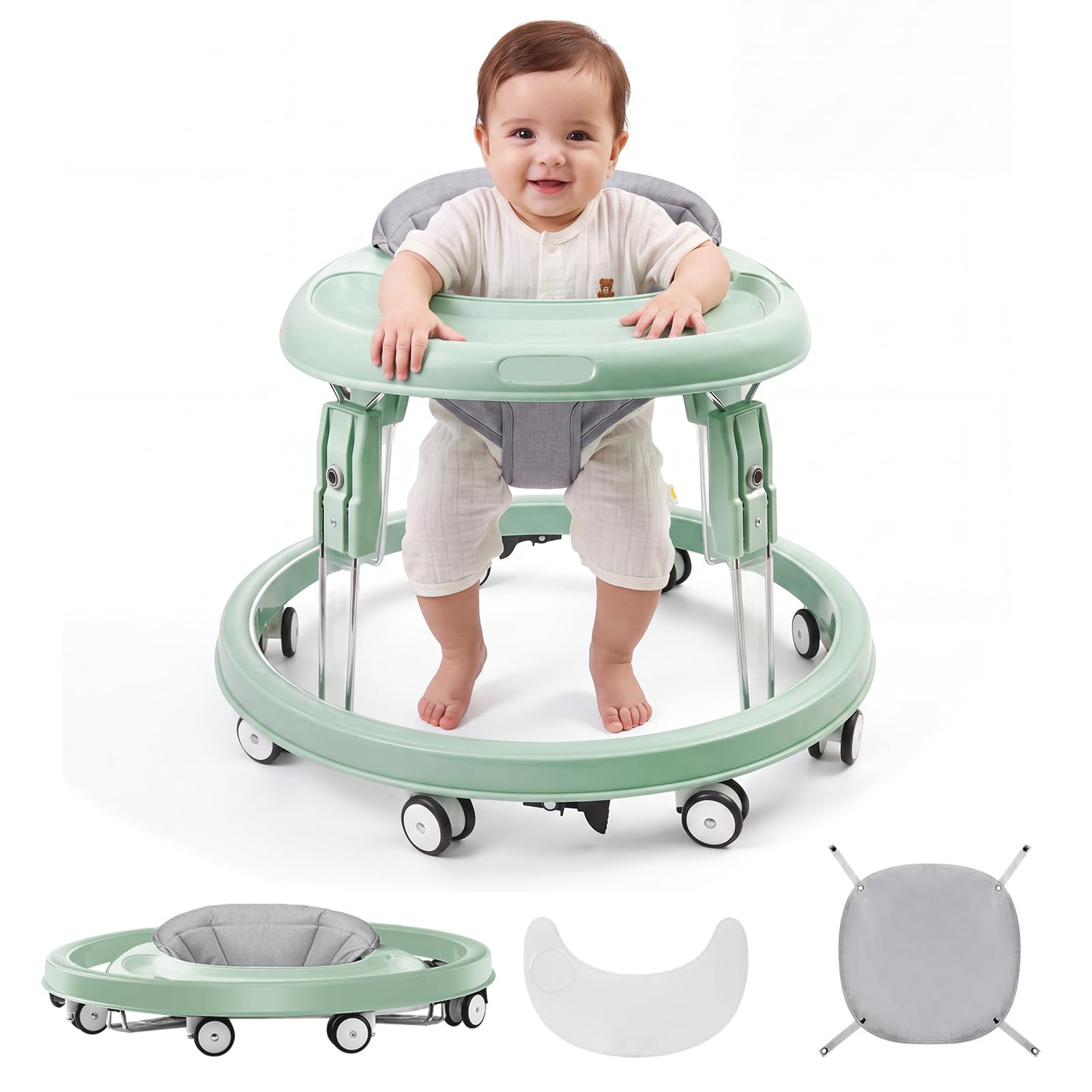 Baby Walker with Wheels, One-Touch Folding, Height Adjustment Baby Walkers | Large Dinner Plate, Brake, Walker for Baby Boy Girls 6-18 Months