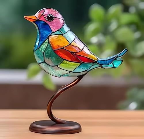 Miniatura 10 de Adornos de escritorio de pájaros en rama, acrílico manchado de doble cara, estatua multicolor de colibrí, escultura de pájaro de arte de metal,