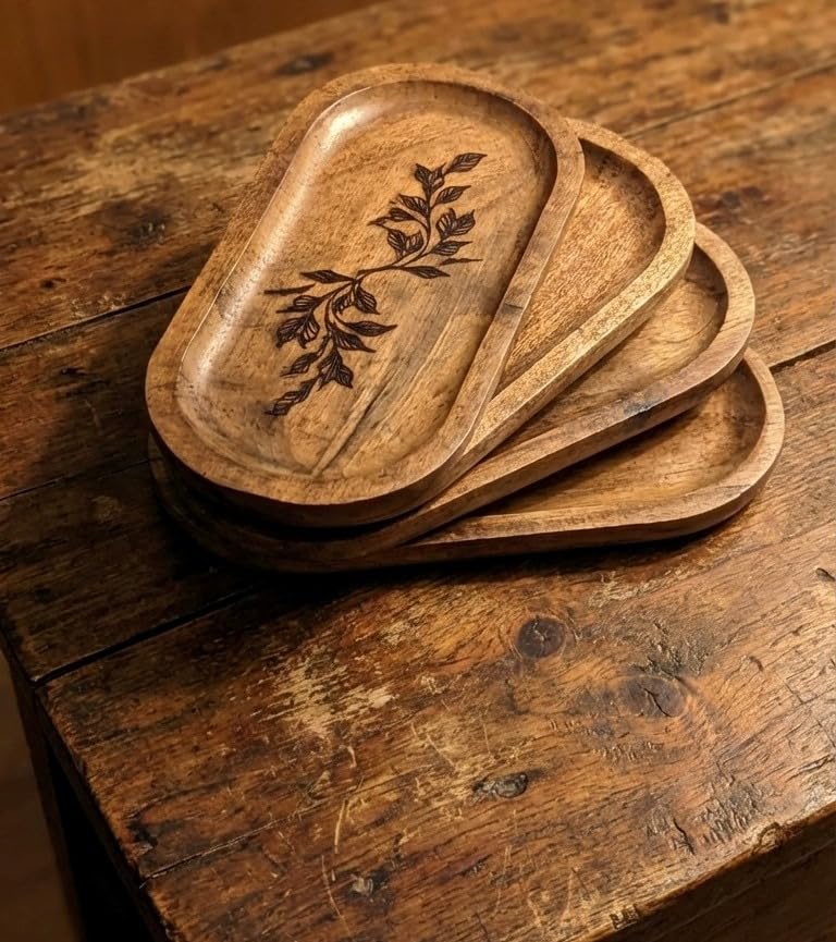 Image of Wooden Jewelry Tray, Oval Shape, L x B x H = 10 x 5 x 0.5 Inch Floral Design, Natural Wood Finish, Organizer for Rings, Necklaces, Earrings And Snacks Serving (Leaf 4)