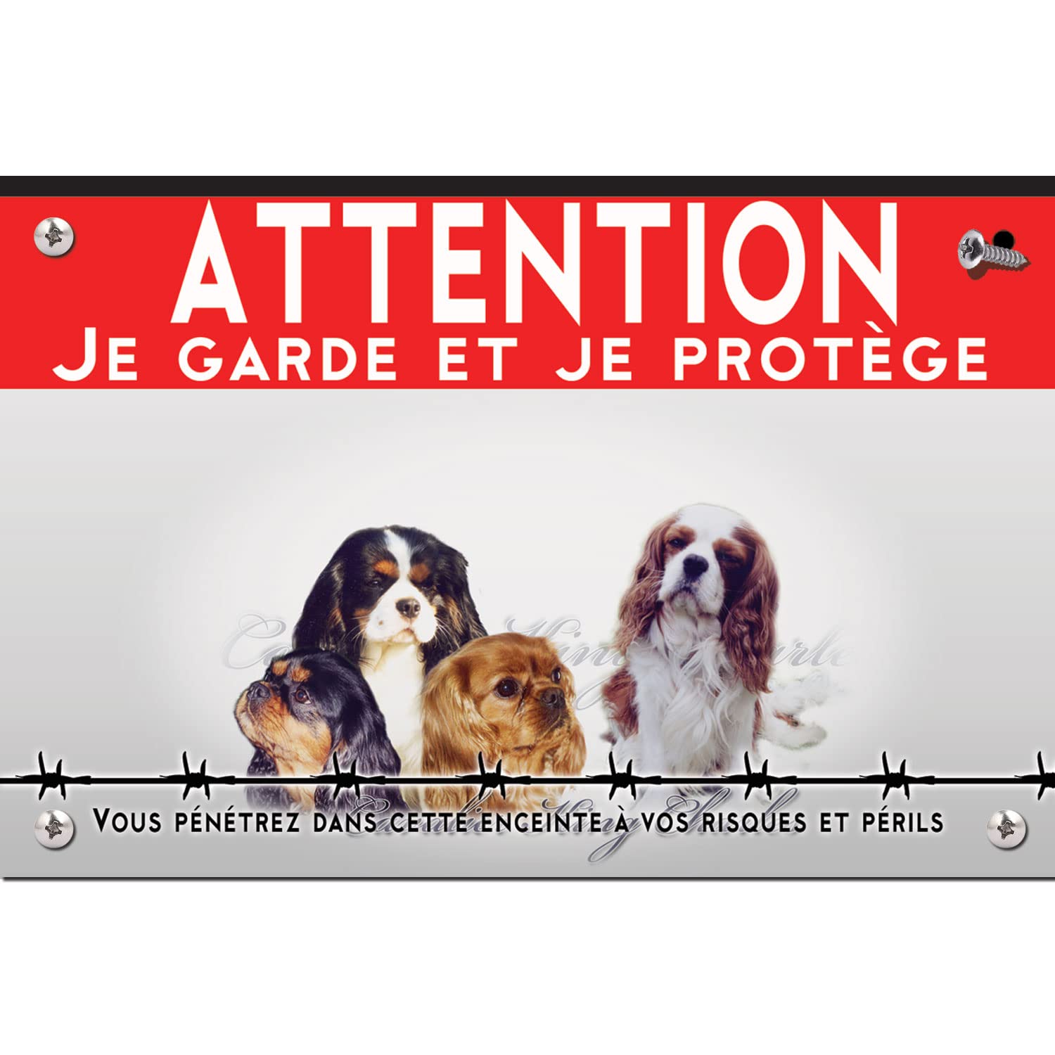 Plaque Humour 'Attention Au Chien' Cavalier King Charles - En Aluminium 15x20 Cm, Pour Extérieur, Résistante