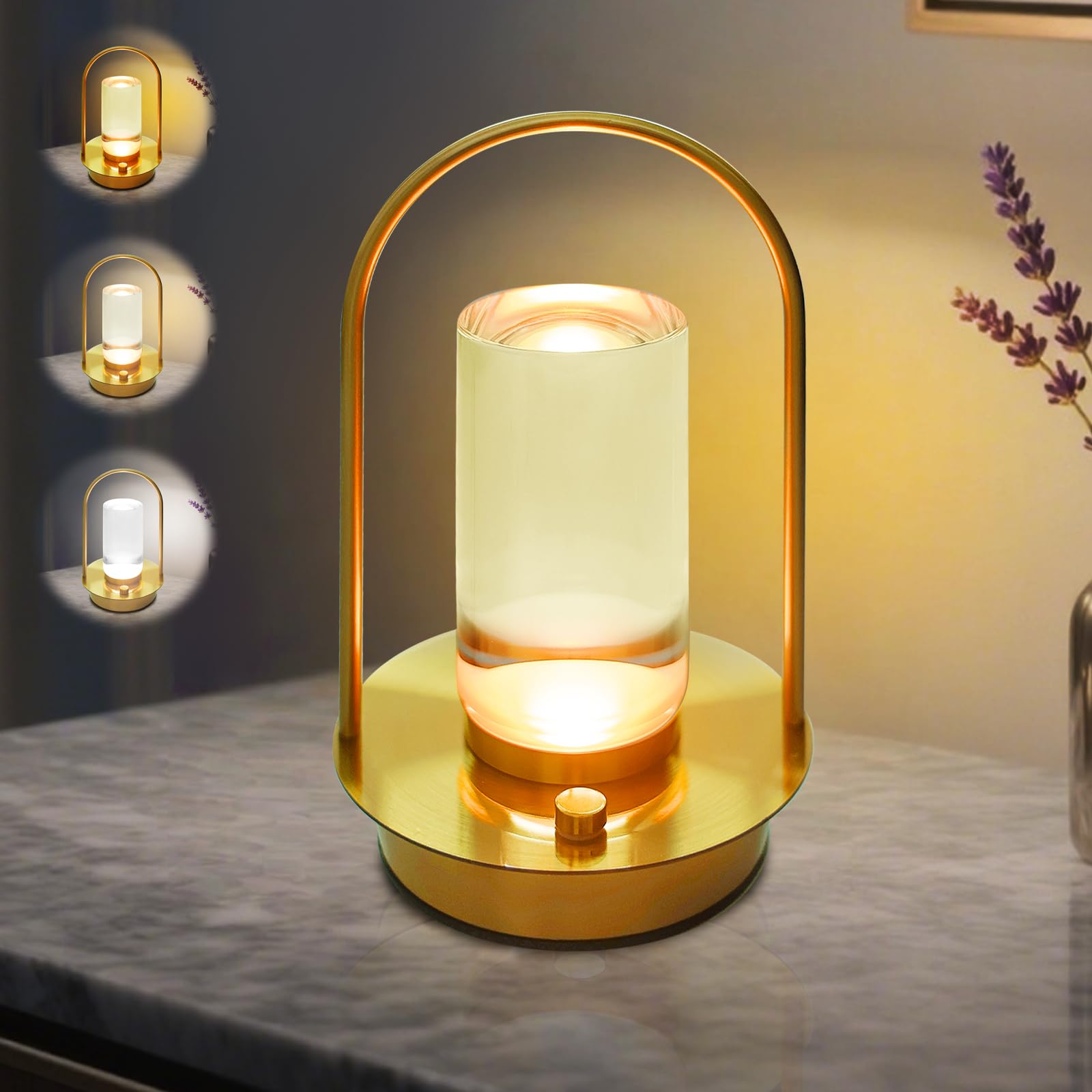 Lámpara de mesa regulable LED inalámbrica, portátil USB de carga 3 temperatura de color lámpara de mesa con control táctil, lámpara de mesa con batería, lámpara de mesita de noche, lámpara de cristal