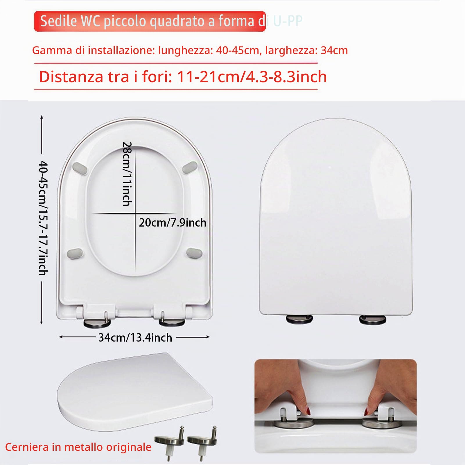 Sedile WC U Forma con Chiusura Rallentata, Tavoletta WC a Sgancio Rapido, Coperchio WC a Forma di D, Copriwater Universali con Cerniere Regolabili, Facile da Pulire, Bianco, PP,43x34cm