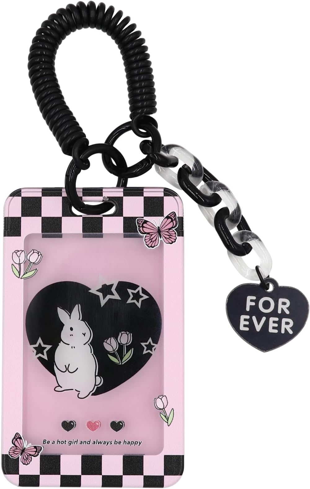 JUMISEE Clear Acrylic Kpop Photocard Holder Love Heart Kawaii Credit ID Card Photo Display Holder Bag Pendant Keychain, Black Checkered Bunny Print, One Size, Modern