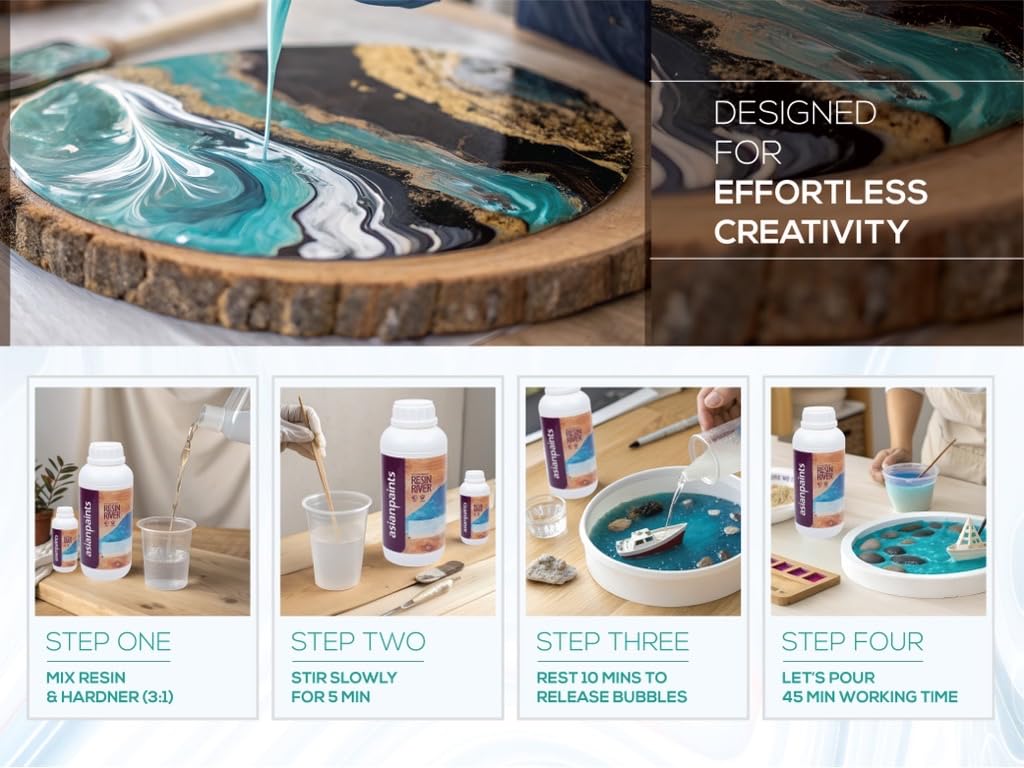 Asian Paints Woodtech Epoxy Resin Crystal Clear Resin-and-Hardener with Self-Levelling Heat Resistance Easy to Use 1.2Kg Liquid Art Kit for River Table Jewellery Smooth Finish Crafting Projects (1Pc) 1
