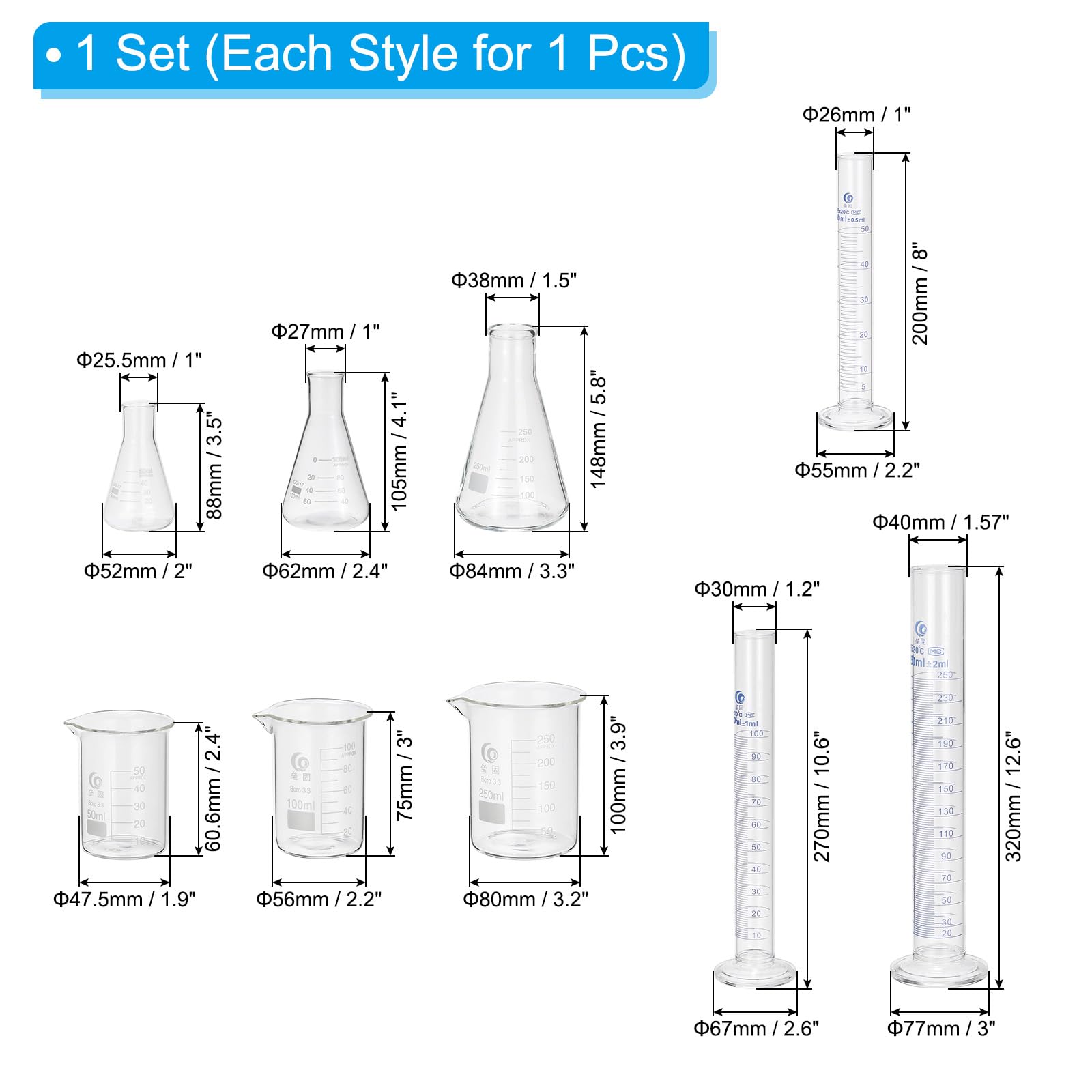PATIKIL Beaker, Flask, Cylinder Set, 3.3 Borosilicate Glass 50/100/250ml Measuring Cup, 10/50/250ml Graduated Cylinder, 50/100/250ml Flask for Lab Experiments, Cooking