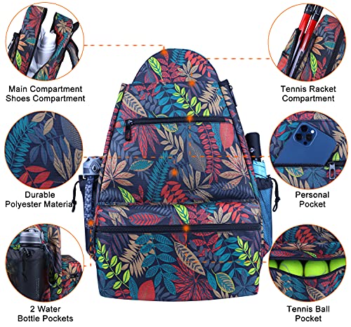 Tennis Bag for Women and Men，Large Tennis Backpack Racket Bag to Hold Rackets, Balls and Other Accessories of Tennis, Pickleball, Racketball, Badminton（Leaves-Red-Black） - Thumbnail 2