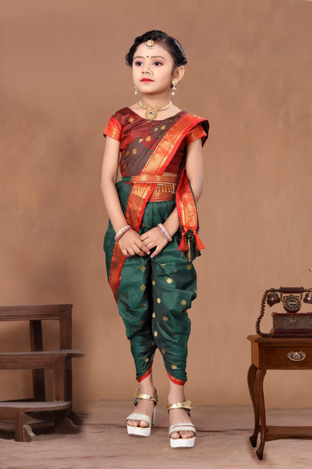 ASHMIKA This beautiful Ready to Wear Saree for Girls, with Dhoti Style that gives a perfect look to the outfit, Maharashtrian Traditional Saree, With stitch Blouse (4-5Year) (Dark Green) - Image 4 thumbnail