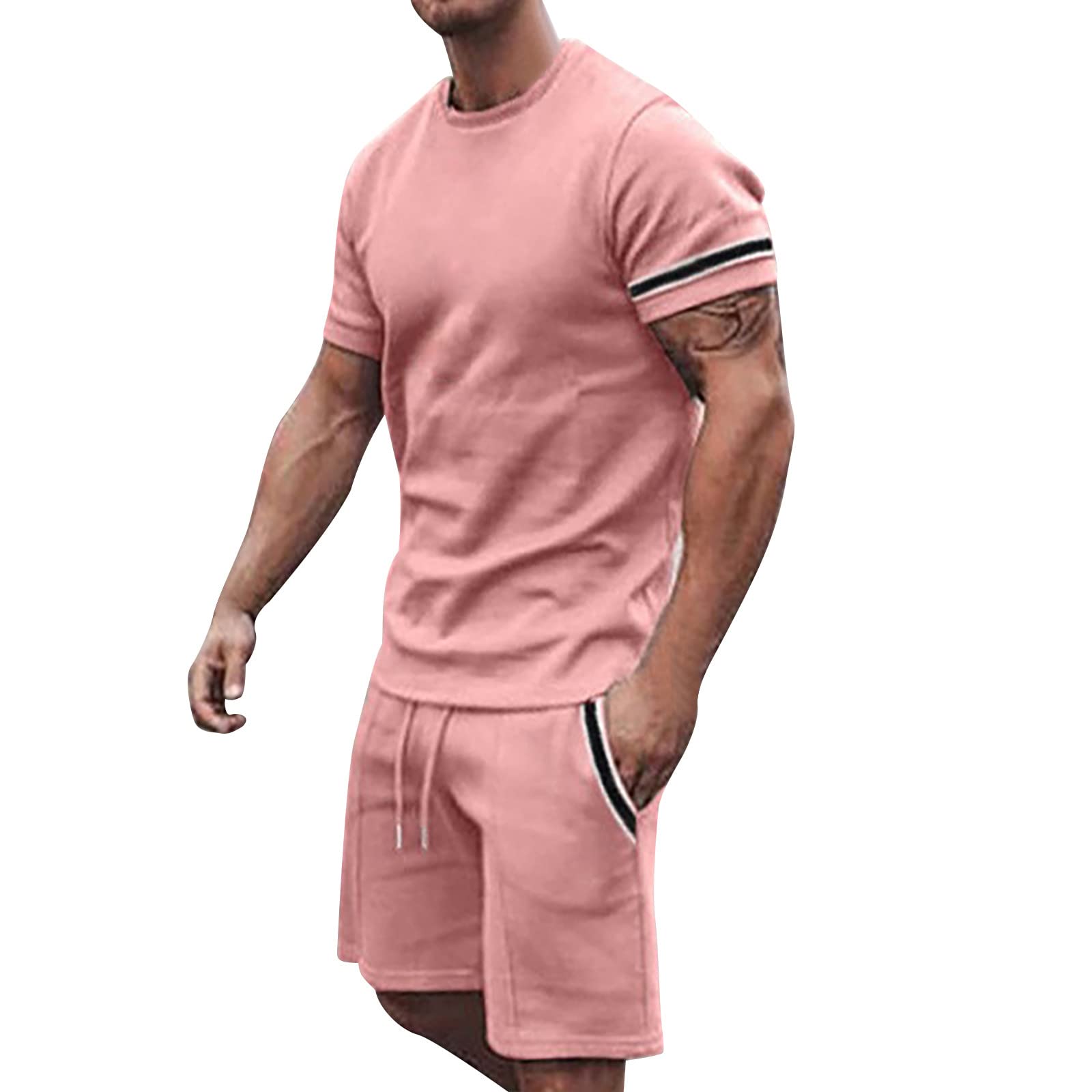 Generic Conjunto de deporte para hombre, ropa deportiva corta para hombre, juego de pantalones cortos, camisetas de manga corta con cuello redondo + pantalones cortos, traje de ocio, traje deportivo de moda