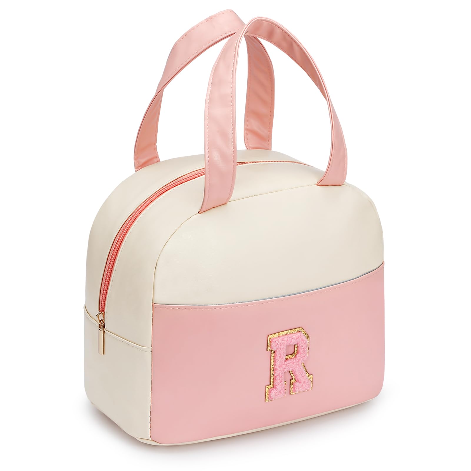 DIRGEE Lunch Bag for Women Insulated Lunch Bag For Men PU leather Small Lunch Bag for Office Work lunch Bag with Chenille Letters Leakproof Freezable Cooler Bag Reusable Portable Lunch Box R